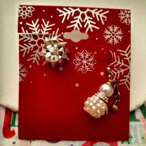 KOHL'S Holiday Christmas Metallic Gift Bow + Bead/Crystal Snowman Earrings**NEW!